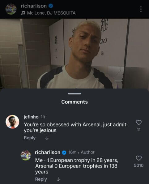 Richarlisono atsakymas „Arsenal“ fanui